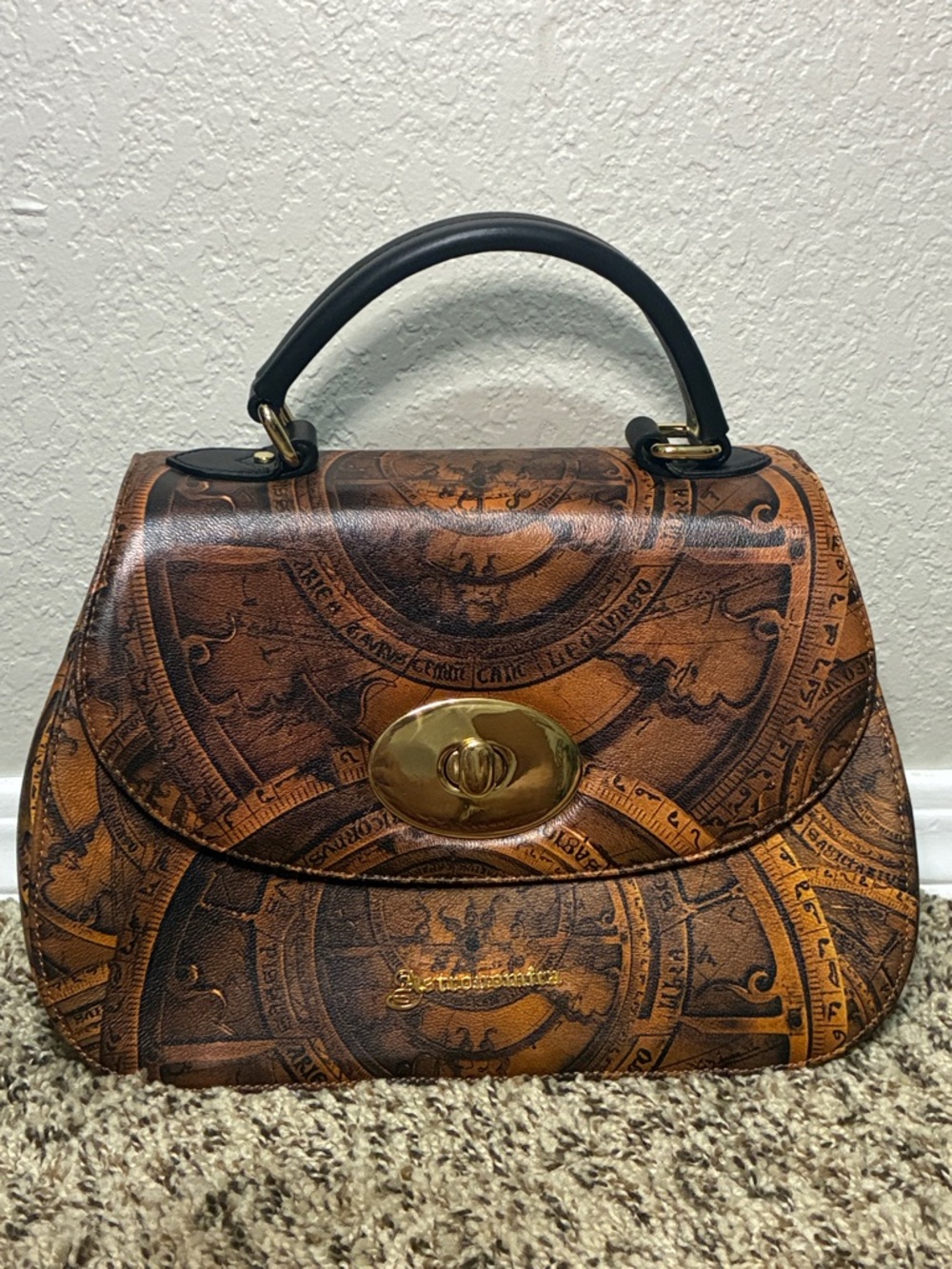 Vintage Astronomica Brown Patterned Leather Satchel with Gold Turn-Lock